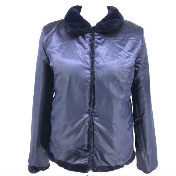 Maison Jules Navy Blue Reversible Faux Fur Long Sleeve Jacket Coat - Picture 7 of 16